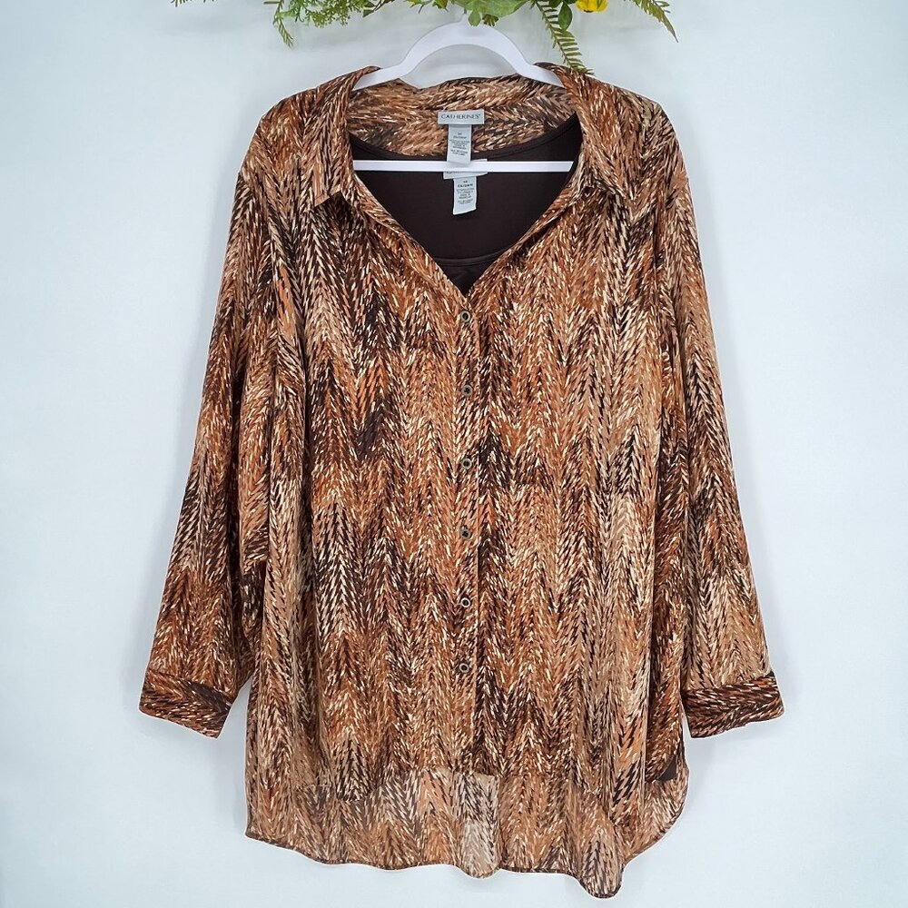 Catherines Size 3X Button Top Print‎ Blouse Fall Office Career Relaxed Boho 2 pc